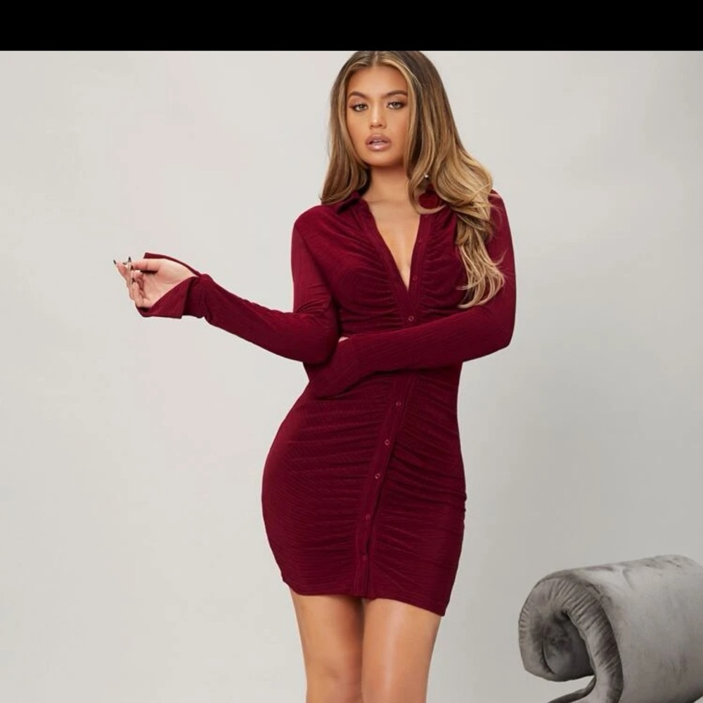 Button Front Ruched Bodycon Dark Red Dress Size Small